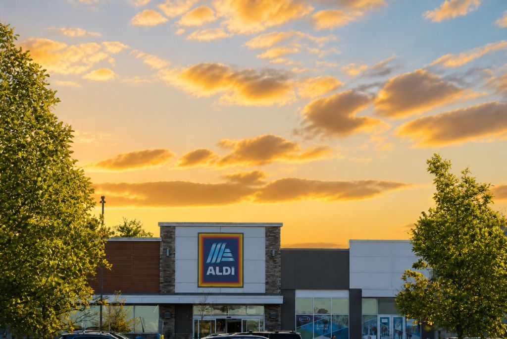 Hazlet Town Center storefronts at dusk
