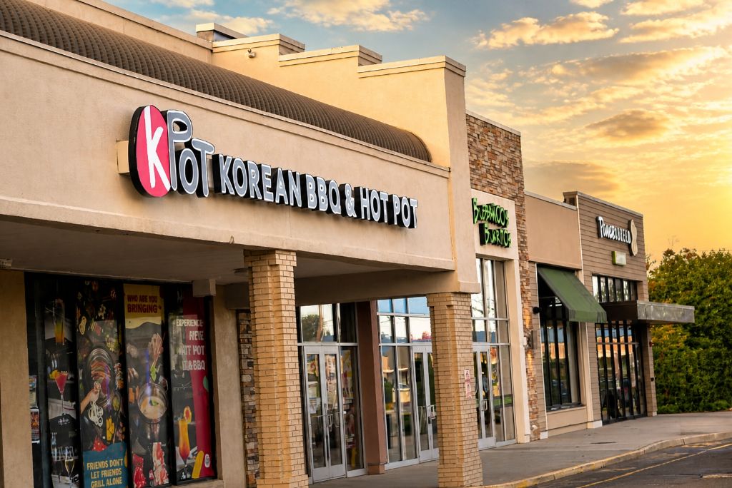 KPOT Korean BBQ and neighbouring storefronts at sunset